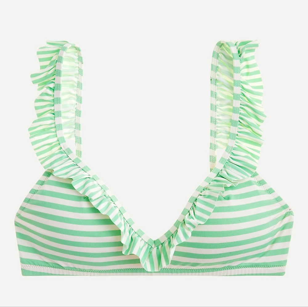 NWT J. Crew Green Stripe Ruffle Trim V-Neck Bikini Top XXL - Picture 1 of 3